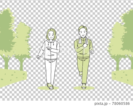 中老年夫妻散步慢跑運動跑步減肥男女中年插畫素材 78060586