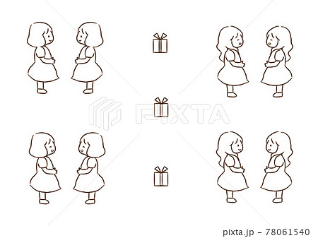 二人の女の子とプレゼント 線画 ぬりえのイラスト素材