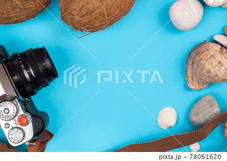 camera,coconuts and shells on a blue background.Background for the traveler camera,coconuts and shells on a blue background.Background for the traveler 78061620