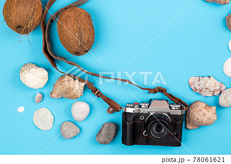 camera,coconuts and shells on a blue background.Background for the traveler camera,coconuts and shells on a blue background.Background for the traveler 78061621