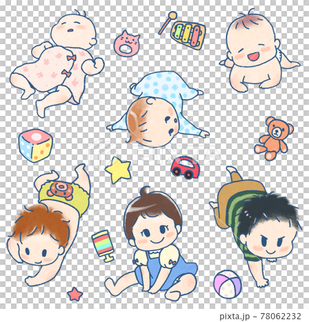 0 1歳の赤ちゃんのかわいらしい手描きマンガ風イラストセット おもちゃ小物つき のイラスト素材