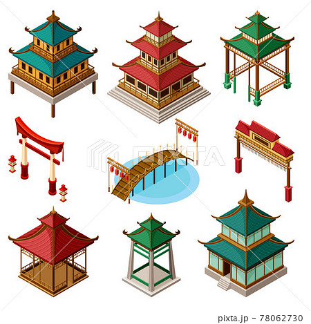 Asian Architecture with Pagoda, Gates and Bridges Isometric Vector Set Asian Architecture with Pagoda, Gates and Bridges Isometric Vector Set 78062730