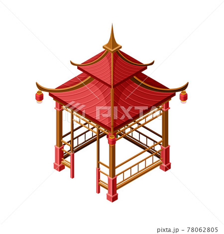 Red Wooden Gazebo in Oriental Style as Asian Architecture Isometric Vector Illustration 78062805