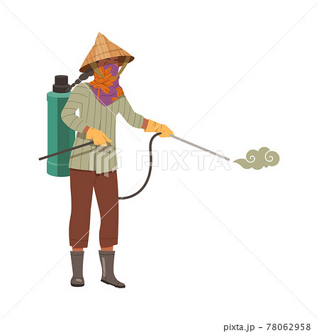 Asian Female Farmer in Straw Conical Hat Spraying Crops Vector Illustration 78062958