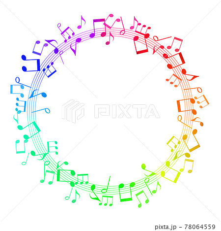 にぎやかな虹色の音符の円形フレームのイラスト素材