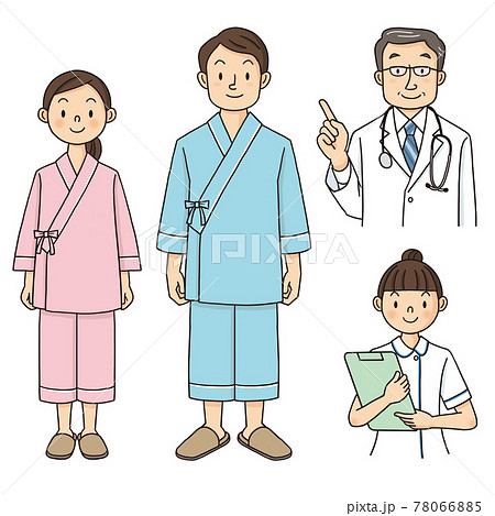 健康診断を受ける検査着の男女と医師 看護師のイラスト素材
