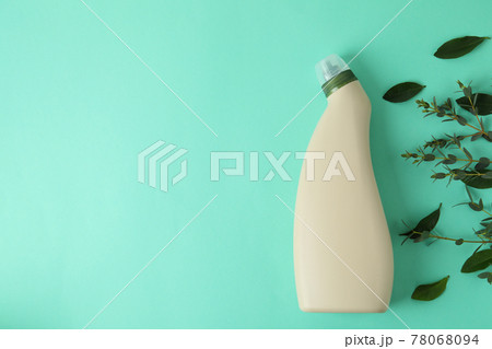 Blank detergent bottle, twigs and leaves on mint background 78068094