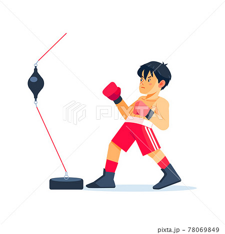 Young Boxer doing some training on a Double End Speed Ball Boxing Bag at a gym, kid taking up a new hobby. Cartoon flat vector illustration on white background 78069849