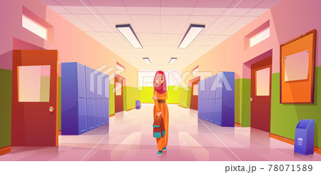 Sad lonely muslim girl in school hallway Sad lonely muslim girl in school hallway 78071589