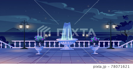 Summer seafront at night time quay with ocean view Summer seafront at night time quay with ocean view 78071621
