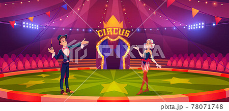 Magician with wand and woman on circus arena 78071748