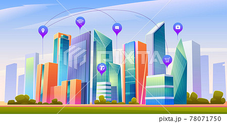 Landscape with smart city and infographic icons 78071750