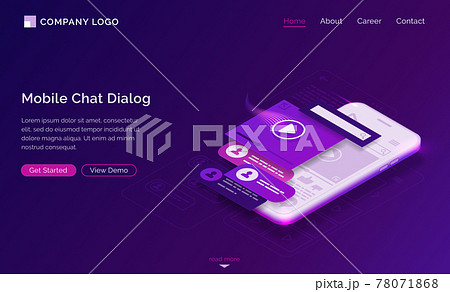 Mobile chat dialog isometric landing page, banner Mobile chat dialog isometric landing page, banner 78071868