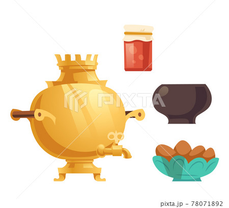 Samovar, jam in glass jar, pot and cakes Samovar, jam in glass jar, pot and cakes 78071892
