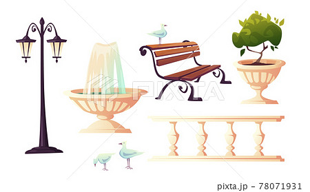 City park with fountain, bench and gulls 78071931