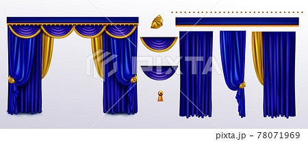 Realistic curtains set, blue cloth with gold ties 78071969