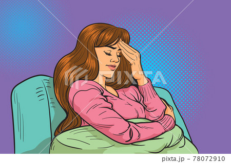 Sad woman sitting on a sofa in the living room Sad woman sitting on a sofa in the living room 78072910