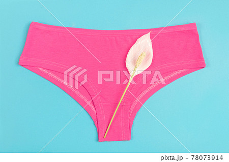 Pink underpants and flower on blue background, close up. Concept Keep your vagina healthy and happy. Top view Flat lay Pink underpants and flower on blue background, close up. Concept Keep your vagina healthy and happy. Top view Flat lay 78073914