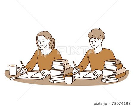 一緒に資格の勉強をする男女のイラスト素材