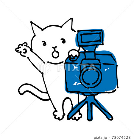 写真撮影する猫カメラマンの手描き風イラストのイラスト素材