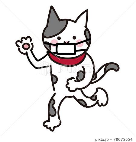 マスクをしている猫の全身シンプルイラスト 走る猫のイラスト素材