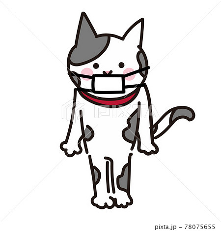 マスクをしている猫の全身シンプルイラスト 78075655