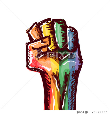 Rised LGBT fist colored in lgbt flag isolated on white background. lgbt month or day poster design template. Fight for your LGBT rights concept vector illustration Rised LGBT fist colored in lgbt flag isolated on white background. lgbt month or day poster design template. Fight for your LGBT rights concept vector illustration 78075767