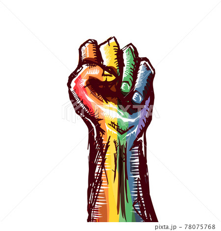 Rised LGBT fist colored in lgbt flag isolated on white background. lgbt month or day poster design template. Fight for your LGBT rights concept vector illustration Rised LGBT fist colored in lgbt flag isolated on white background. lgbt month or day poster design template. Fight for your LGBT rights concept vector illustration 78075768