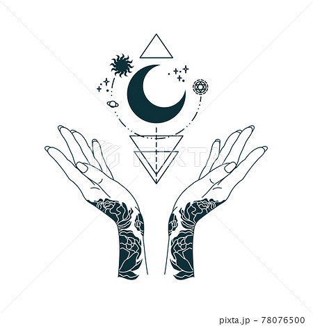 Hands clipart, magic mystic hand gestures icons symbols, Esoteric  witchcraft women hand, Black white line art outline hands PNG download