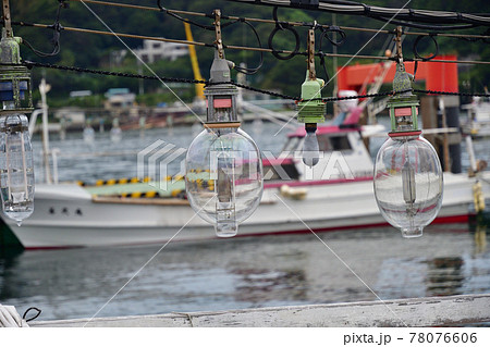 佐賀県唐津市呼子町 イカ釣り漁船集魚灯の写真素材