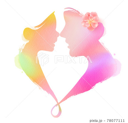 Happy mother's day. Side view of Happy mom with her daughter's silhouette plus abstract watercolor painting. Double exposure illustration. Digital art painting. 78077111