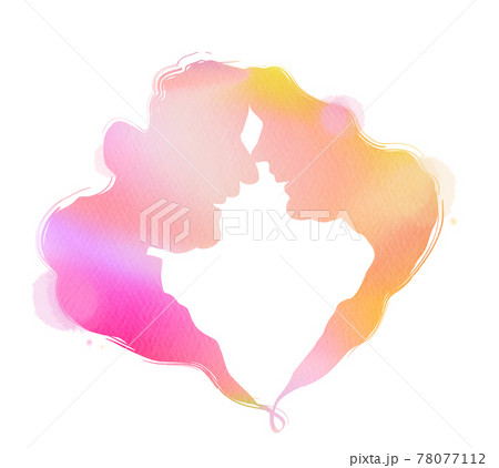 Side view of happy elderly couple silhouette plus abstract watercolor painting. Double exposure illustration. Digital art painting. 78077112