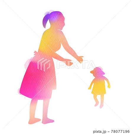 Silhouette watercolor of Happy parents having a good time with their little children. Mother and daughter. Mother's day. Digital art painting. 78077196