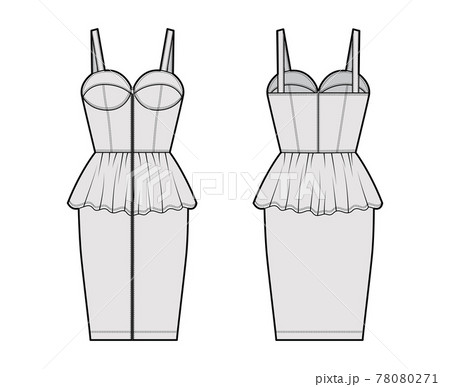 Zip-up peplum bustier dress technical fashion illustration with sleeveless, cups, fitted body, knee length skirt. Flat  78080271