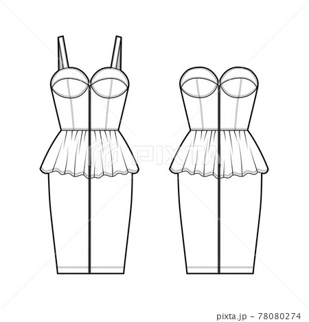 Set of dresses Zip-up peplum technical fashion illustration with sleeveless, strapless, fitted body, knee length ruffle 78080274