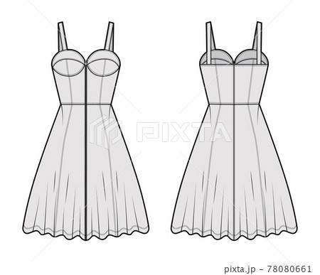 Zip-up dress denim bustier technical fashion illustration with sleeveless, fitted body, knee length A-line skirt. Flat Zip-up dress denim bustier technical fashion illustration with sleeveless, fitted body, knee length A-line skirt. Flat 78080661