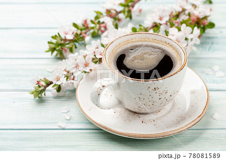 Morning espresso coffee cup and cherry blossom 78081589