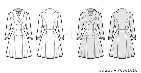 Dress coat trench technical fashion illustration with double breasted, long sleeve, knee length semi-circular skirt Dress coat trench technical fashion illustration with double breasted, long sleeve, knee length semi-circular skirt 78081818
