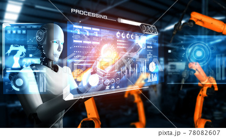 Mechanized industry robot and robotic arms for assembly in factory production . 78082607