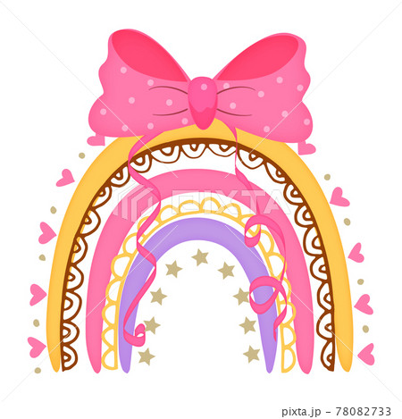 Cartoon bright rainbow with hearts and bow. Vector illustration. Cartoon bright rainbow with hearts and bow. Vector illustration. 78082733