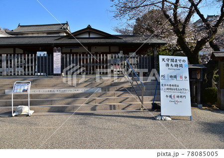 日本の兵庫県の姫路市　世界遺産で国宝でもある姫路城　春の桜と青空と入城口 78085005