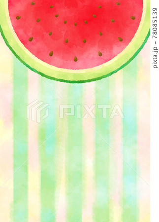 大きなスイカとメロン色の背景 ポストカード 水彩風のイラスト素材