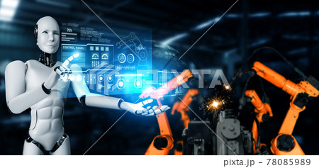 Mechanized industry robot and robotic arms for assembly in factory production . Mechanized industry robot and robotic arms for assembly in factory production . 78085989