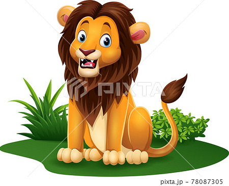 Cartoon funny lion sitting in grassのイラスト素材 [78087305] - PIXTA