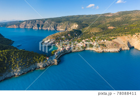 Aerial view of Assos in island of Cefalonia, Ionian, Greece. Aerial drone photo of beautiful and picturesque colorful traditional fishig village Aerial view of Assos in island of Cefalonia, Ionian, Greece. Aerial drone photo of beautiful and picturesque colorful traditional fishig village 78088411