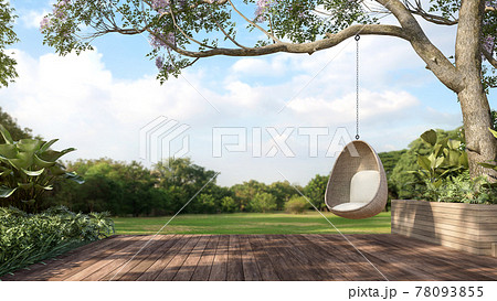 Old wooden terrace with wicker swing 3d render Old wooden terrace with wicker swing 3d render 78093855