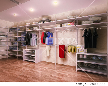 3D illustration of a dressing room in a private house. Interior design of a wardrobe in a modern style 3D illustration of a dressing room in a private house. Interior design of a wardrobe in a modern style 78093886