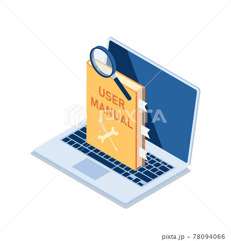 Isometric User Manual with Magnifying Glass on Laptop Monitor 78094066