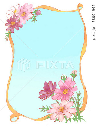 花咲くコスモスとリボンの内背景つき水彩イラストフレーム 黄色 のイラスト素材