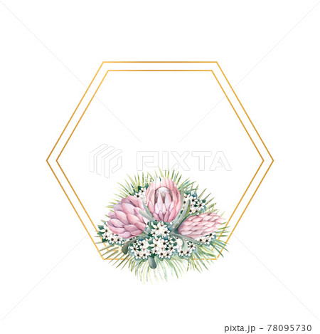 Hexagonal gold frame with protea flowers, tropical leaves, palm leaves, bouvardia flowers. Wedding bouquet in a frame for the design of a stylish invitation. Watercolour illustration 78095730